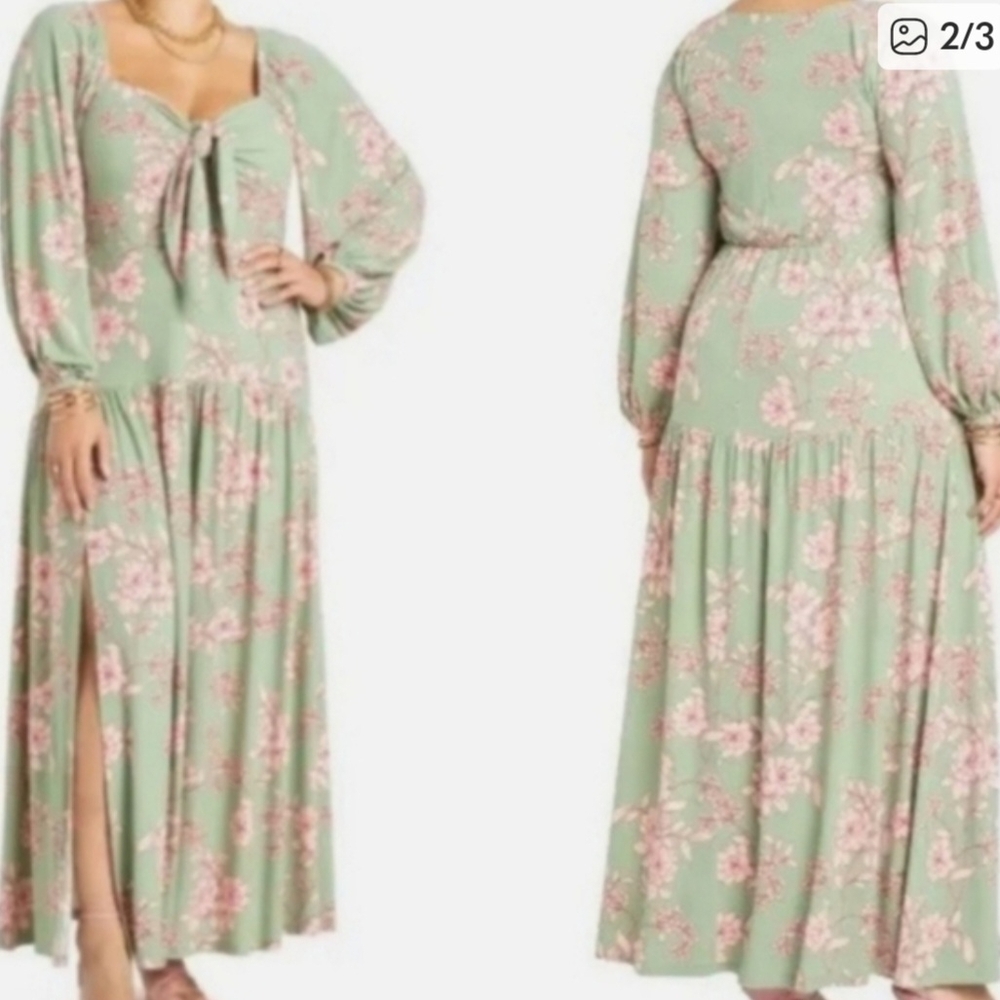 Eloquii Green Floral Long Sleeve Dress